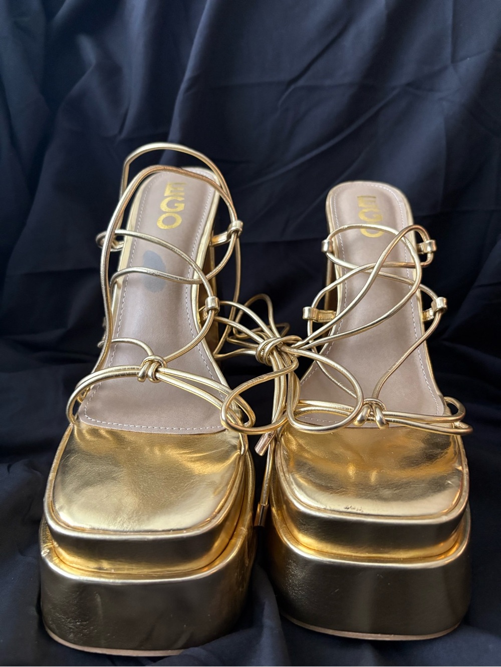 EGO Gold Metallic Platform Lace-Up Block Heels